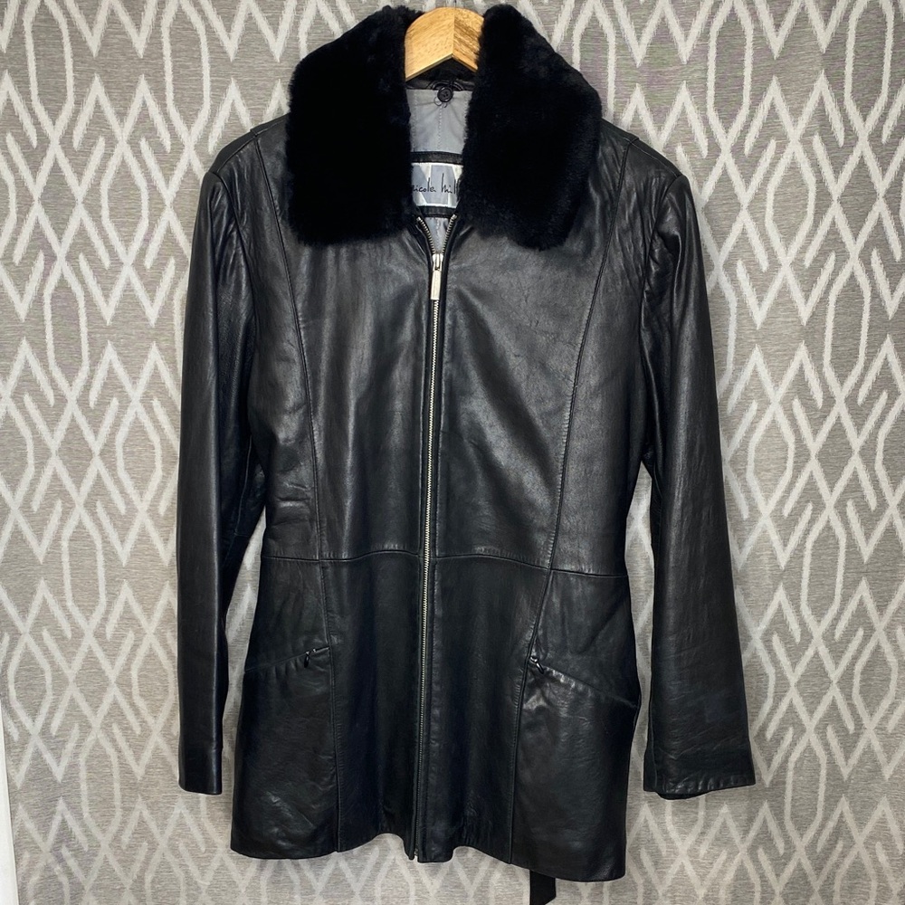 Nicole Miller Black Leather Jacket with Removable Plush Collar Size: Large